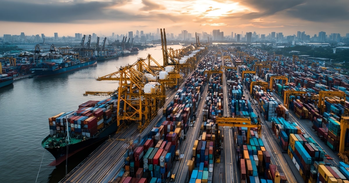 Container port with cargo ships and cranes representing OZBROS logistics and operation management services in the UK and Europe