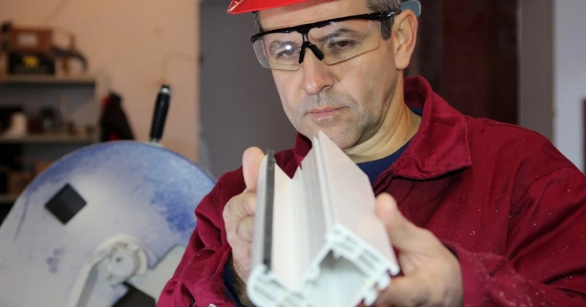 Engineer inspecting a PVC extrusion profile at OZBROS LTD, ensuring quality and precision for architectural and industrial applications.